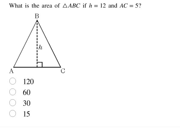 what is the area of $\\triangle abc$ if $h = 12$ and $ac = 5$? (options…