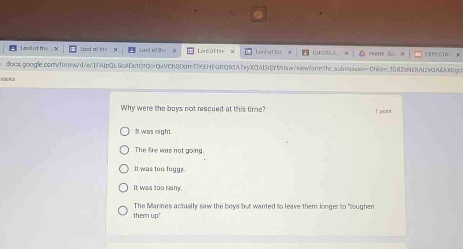 why were the boys not rescued at this time? 1 point it was night. the f…