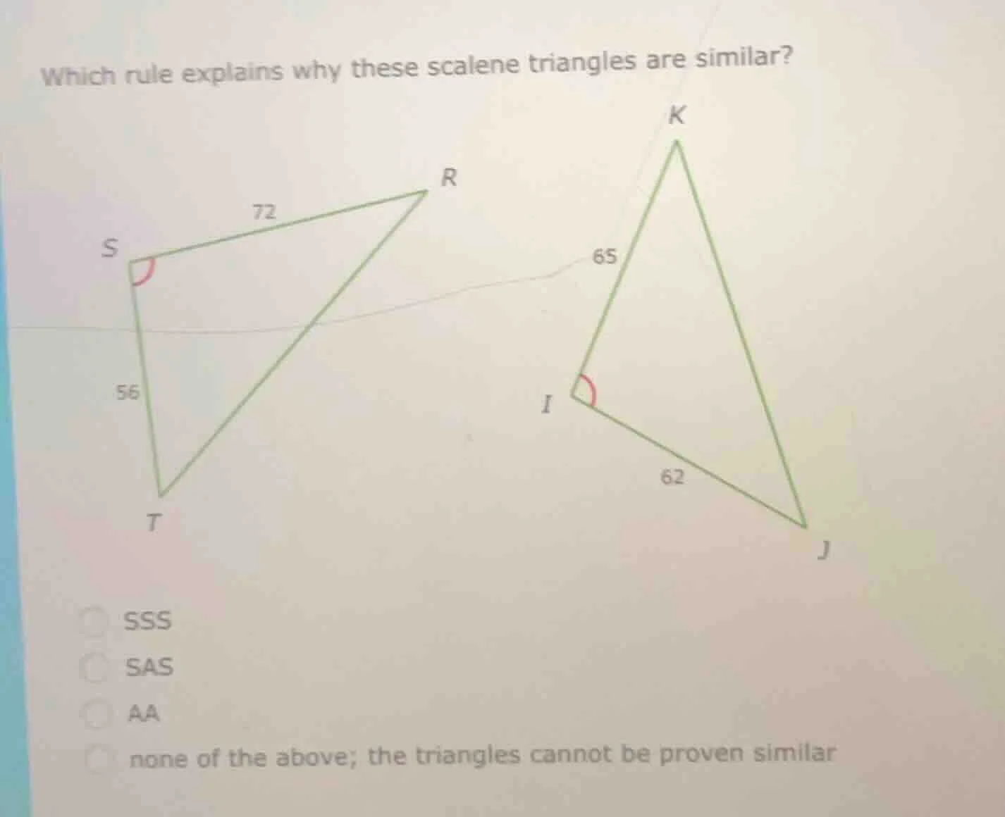 which rule explains why these scalene triangles are similar? options: s…
