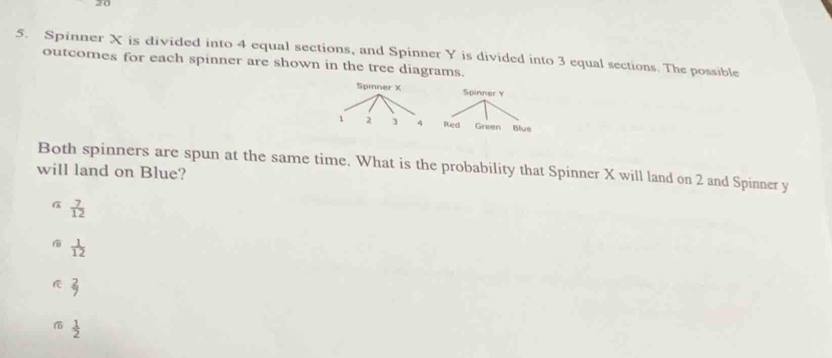 5. spinner x is divided into 4 equal sections, and spinner y is divided…