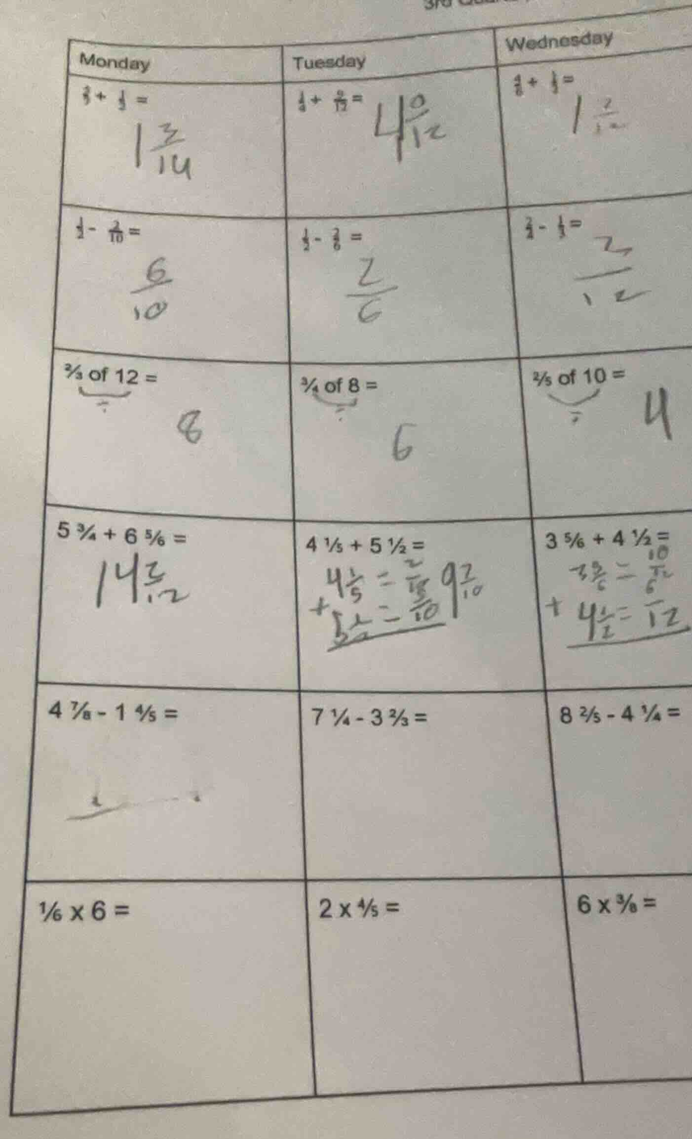 monday: $\\frac{3}{7}+\\frac{1}{2}=$ $\\frac{1}{2}-\\frac{3}{10}=$ $\\f…