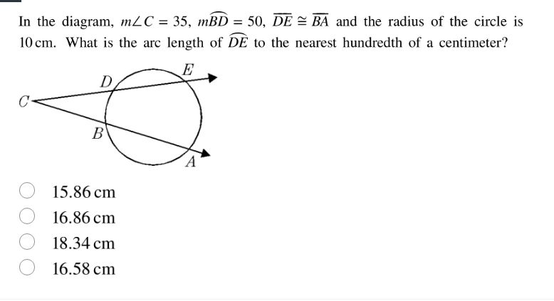 in the diagram, $mangle c = 35$, $moverarc{bd} = 50$, $overline{de} con…