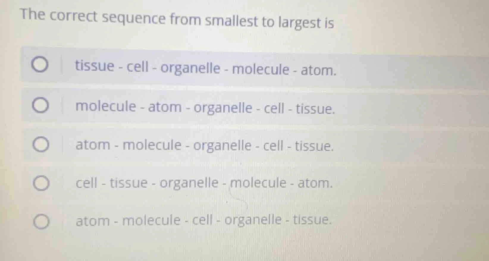 the correct sequence from smallest to largest is tissue - cell - organe…