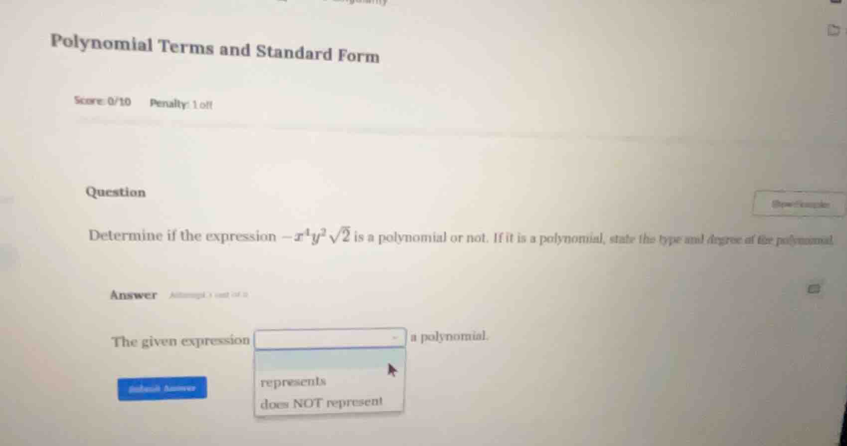 polynomial terms and standard form score 0/10 penalty: 1 off question d…