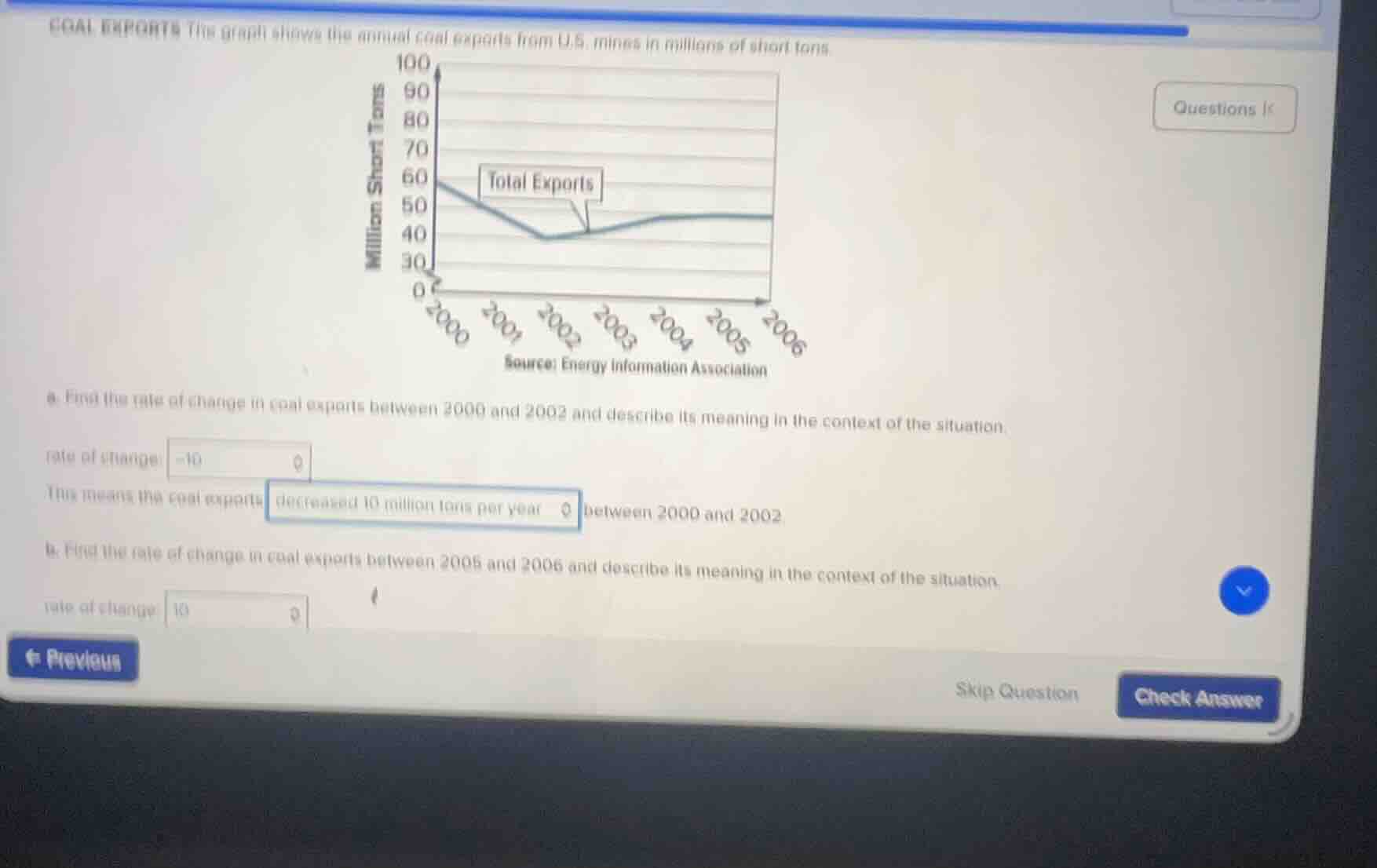 coal exports the graph shows the annual coal exports from u.s. mines in…