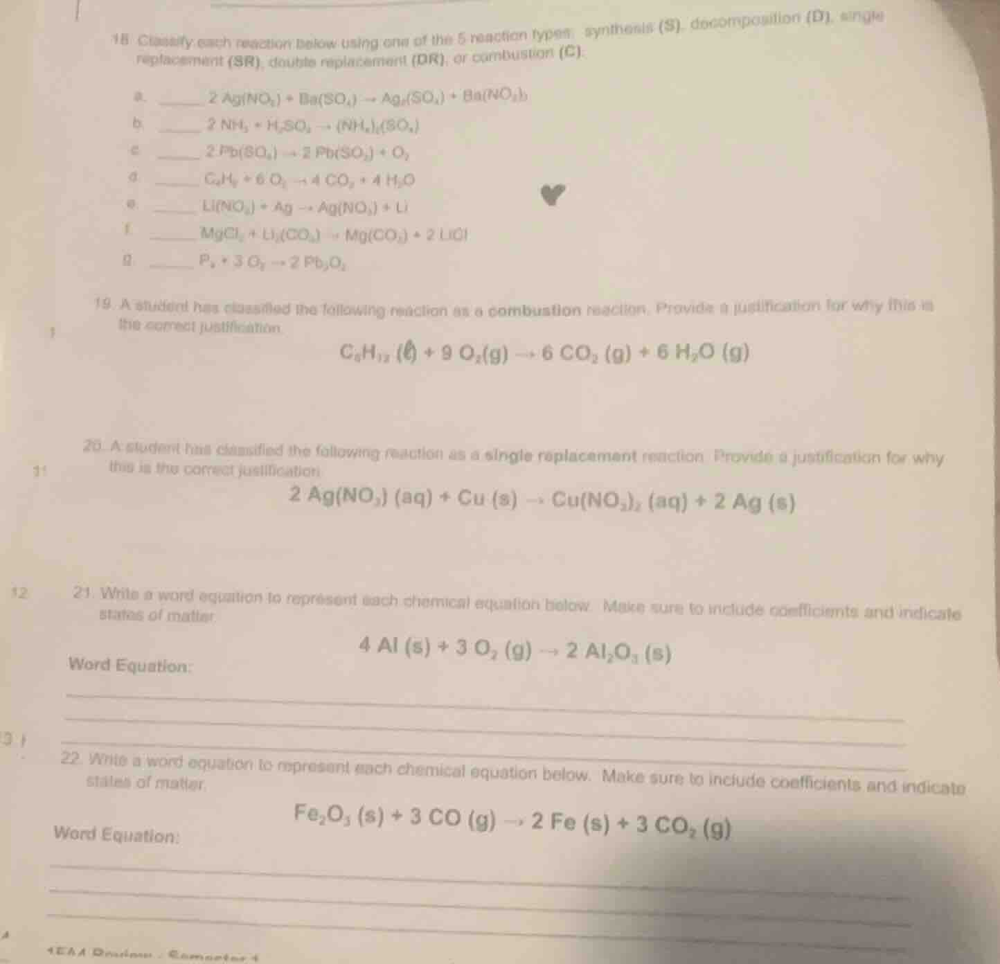 18. classify each reaction below using one of the 5 reaction types: syn…