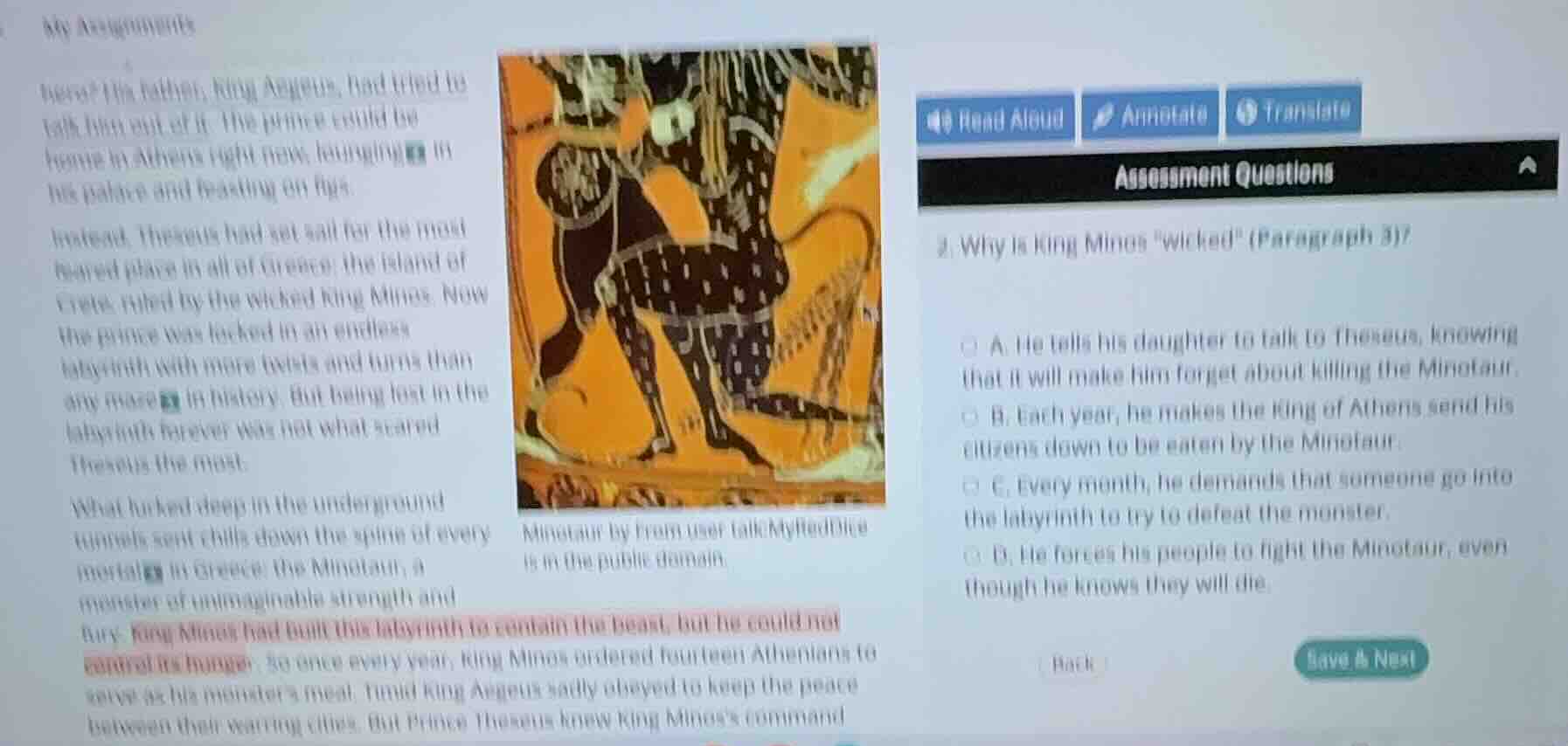 assessment questions 2. why is king minos \wicked\ (paragraph 3)? a. he…