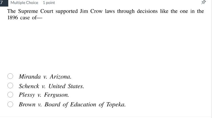 the supreme court supported jim crow laws through decisions like the on…