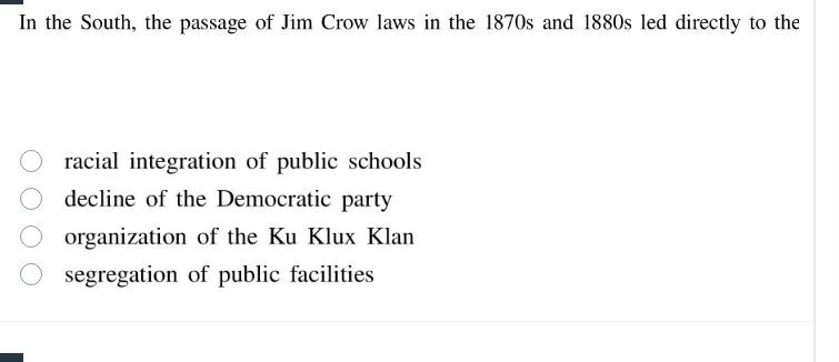 in the south, the passage of jim crow laws in the 1870s and 1880s led d…