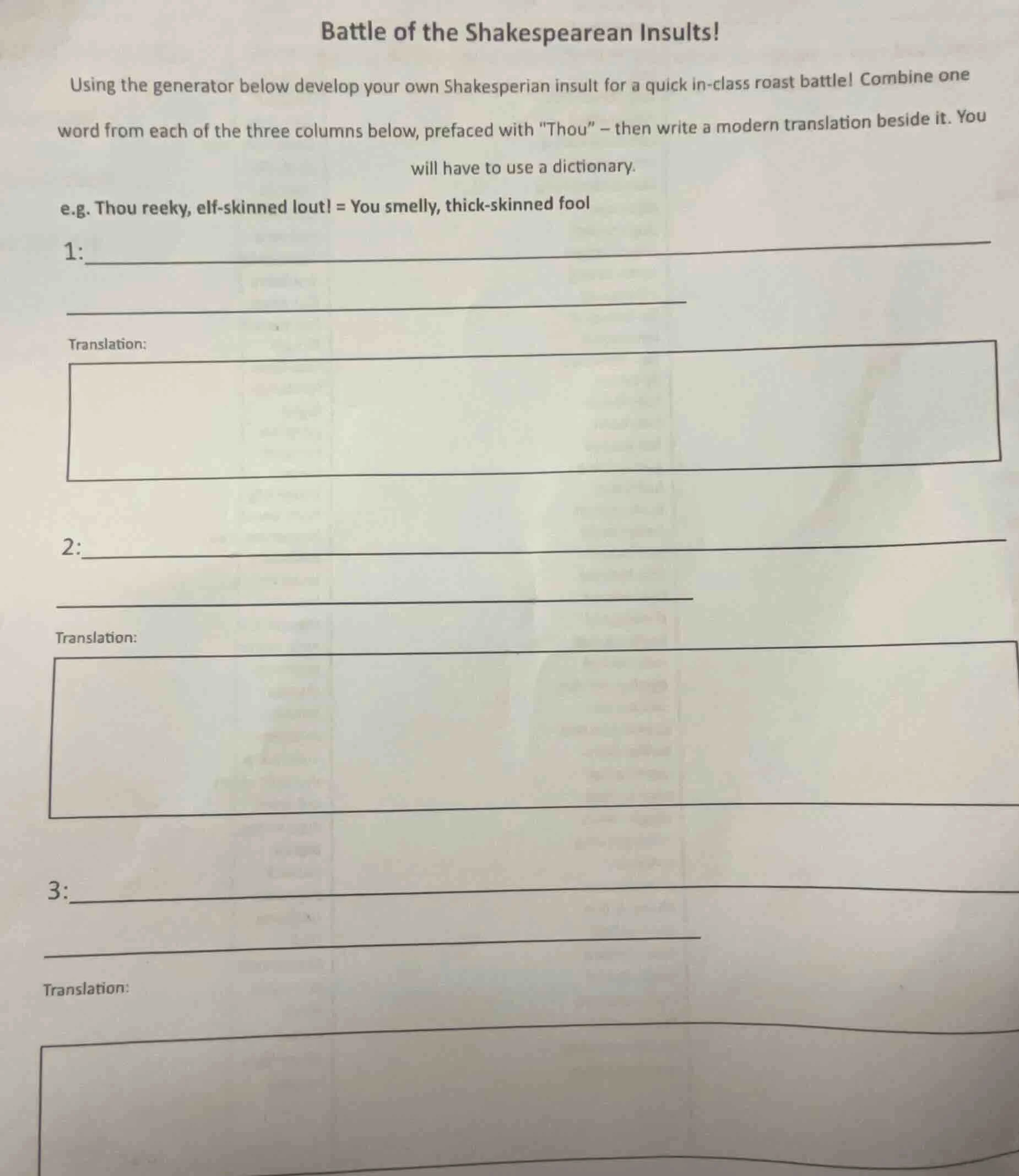 battle of the shakespearean insults! using the generator below develop …
