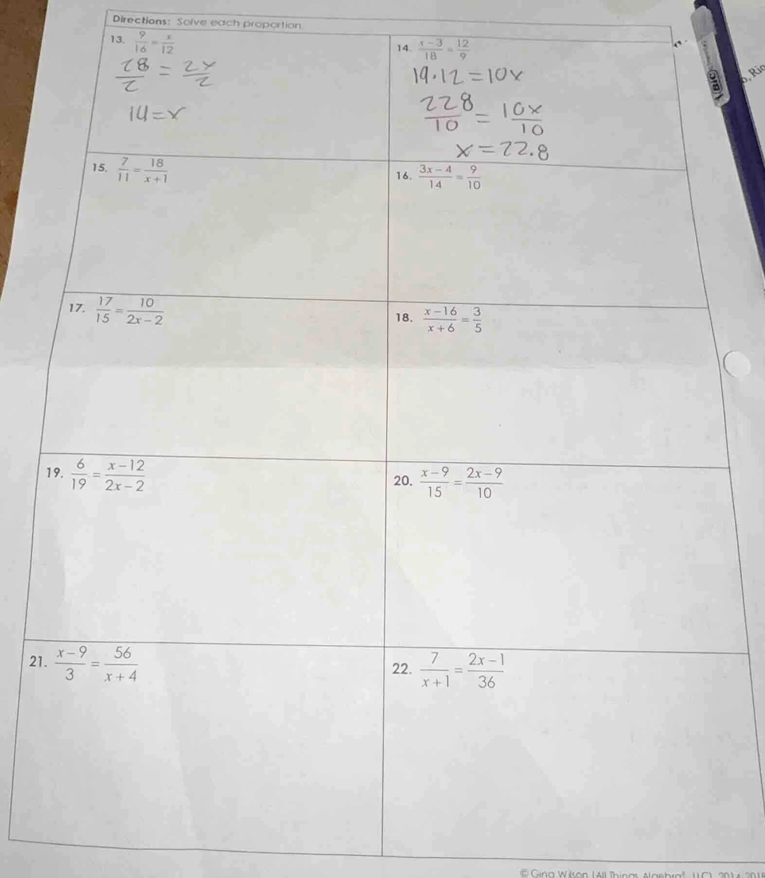 directions: solve each proportion 13. \\(\\frac{9}{18}=\\frac{x}{12}\\)…
