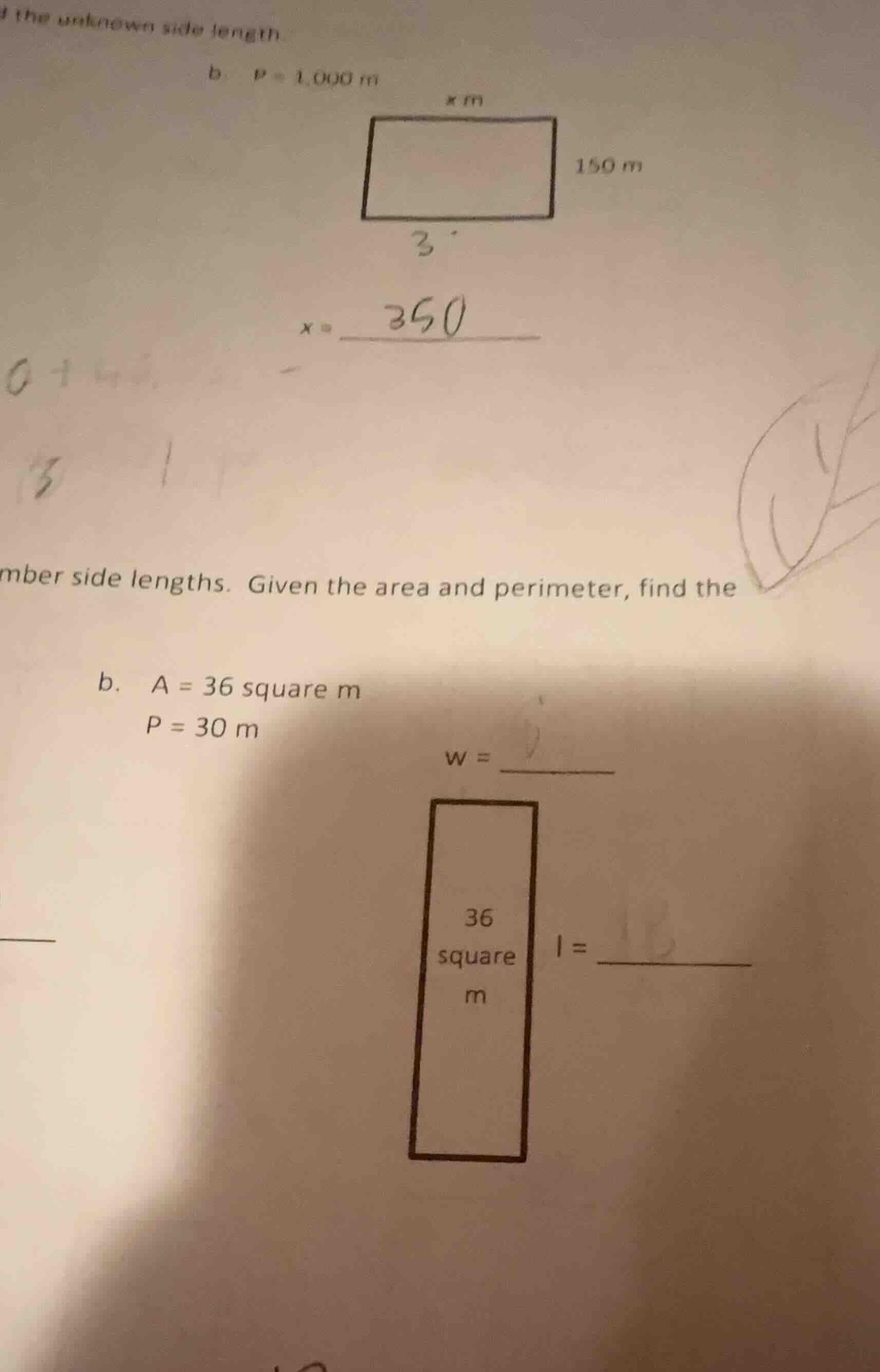 the unknown side length b. p = 1,000 m x m 150 m x = 350 mber side leng…