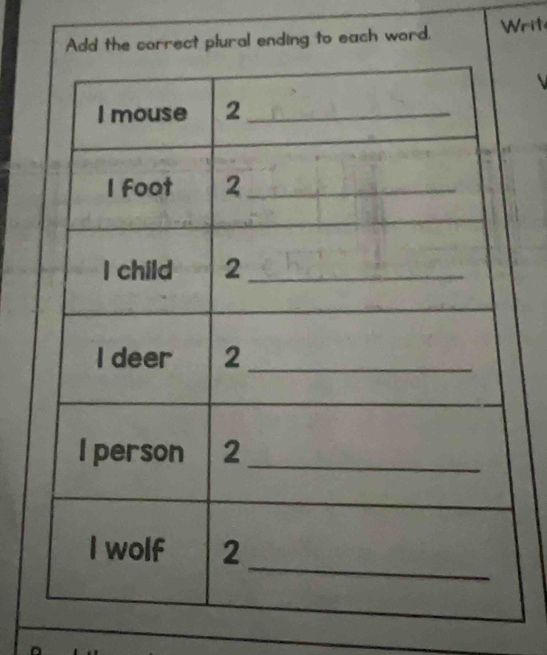 add the correct plural ending to each word. 1 mouse 2 ______ 1 foot 2 _…
