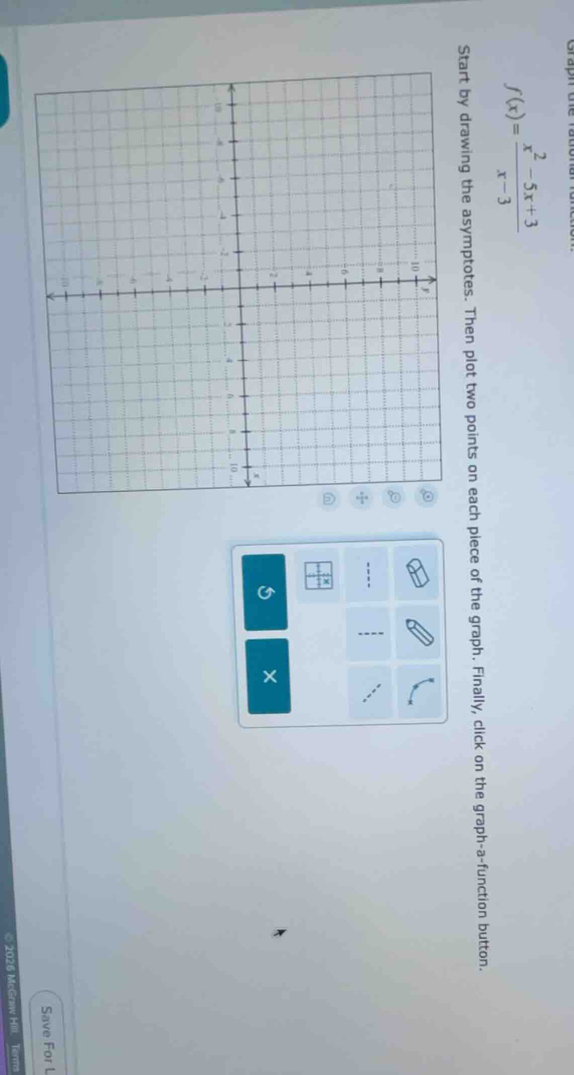 graph the rational function: $f(x) = \\frac{x^2 - 5x + 3}{x - 3}$ start…
