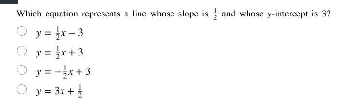 which equation represents a line whose slope is \\(\frac{1}{2}\\) and w…
