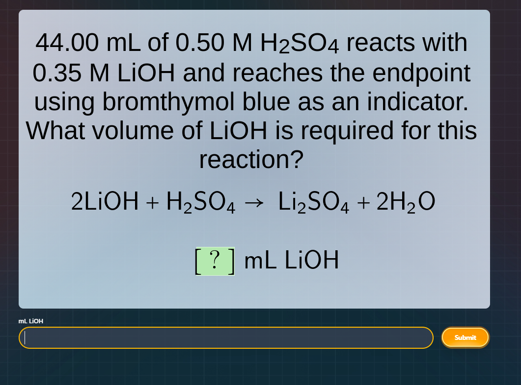 44.00 ml of 0.50 m h₂so₄ reacts with 0.35 m lioh and reaches the endpoi…