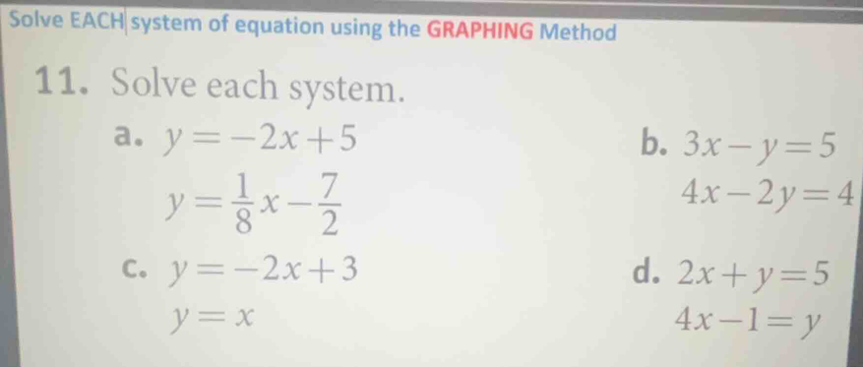 solve each system of equation using the graphing method 11. solve each …