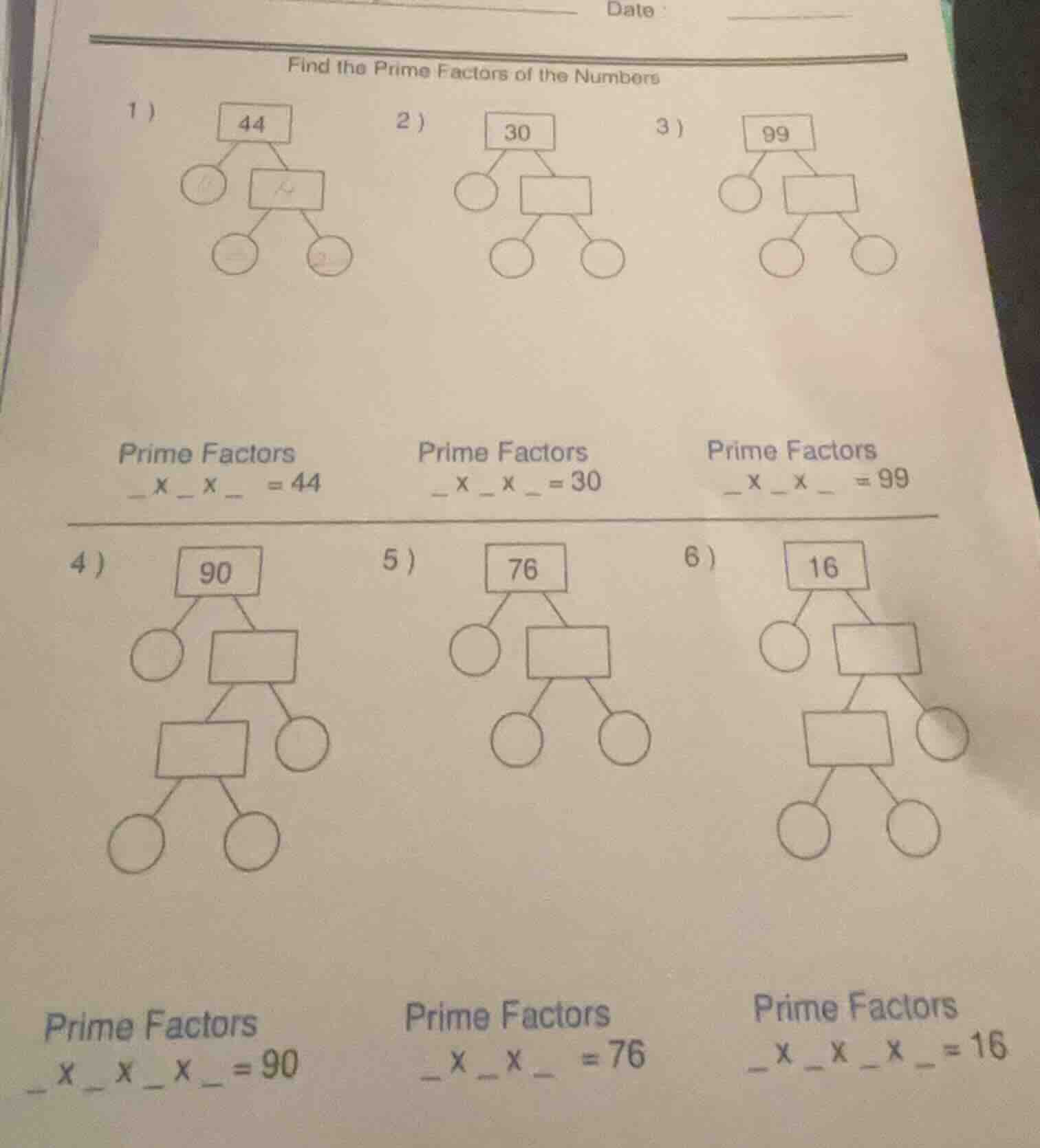 find the prime factors of the numbers 1 ) 44 2 ) 30 3 ) 99 prime factor…