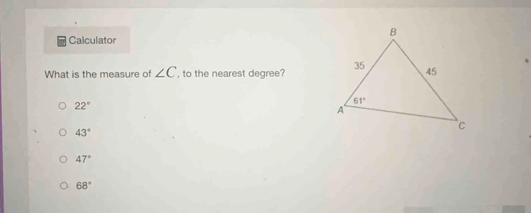 calculator what is the measure of $\\angle c$, to the nearest degree? $…