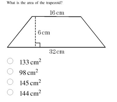 what is the area of the trapezoid? 16 cm 6 cm 32 cm 133 cm² 98 cm² 145 …