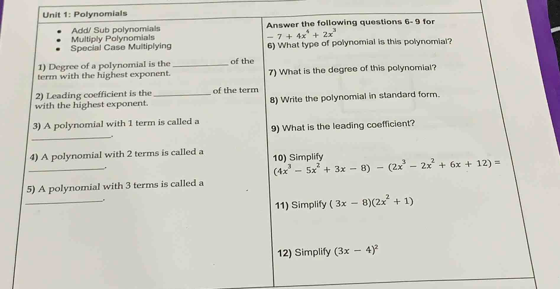 unit 1: polynomials - add/ sub polynomials - multiply polynomials - spe…
