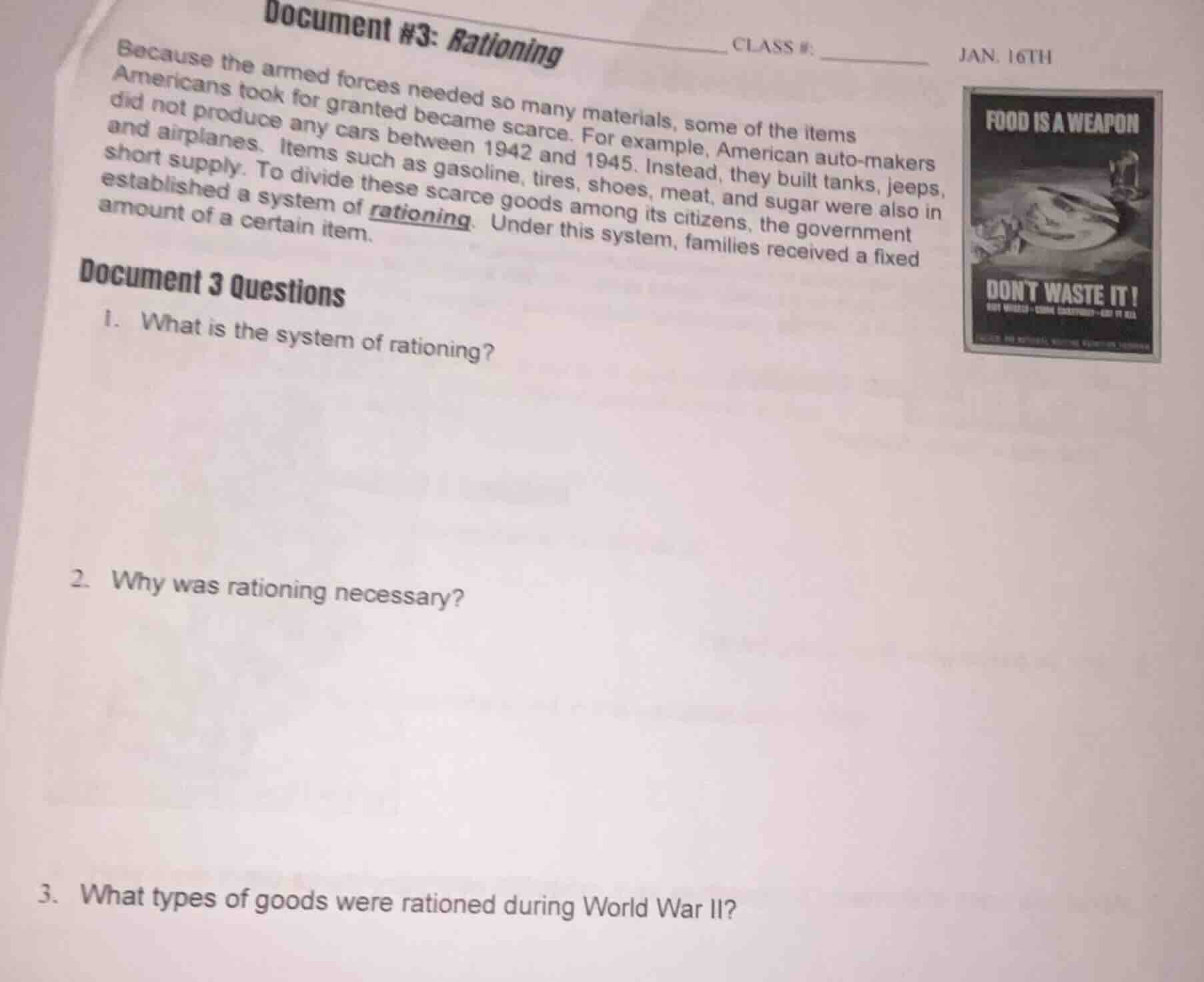 document #3: rationing class #: jan. 16th because the armed forces need…