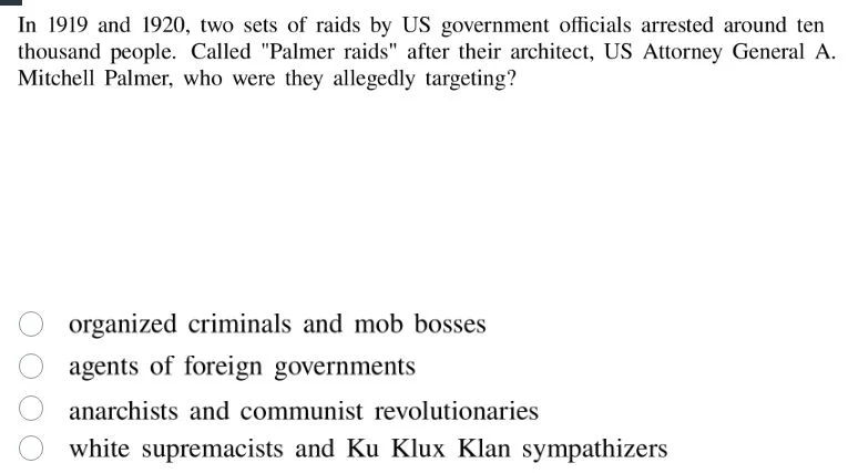 in 1919 and 1920, two sets of raids by us government officials arrested…