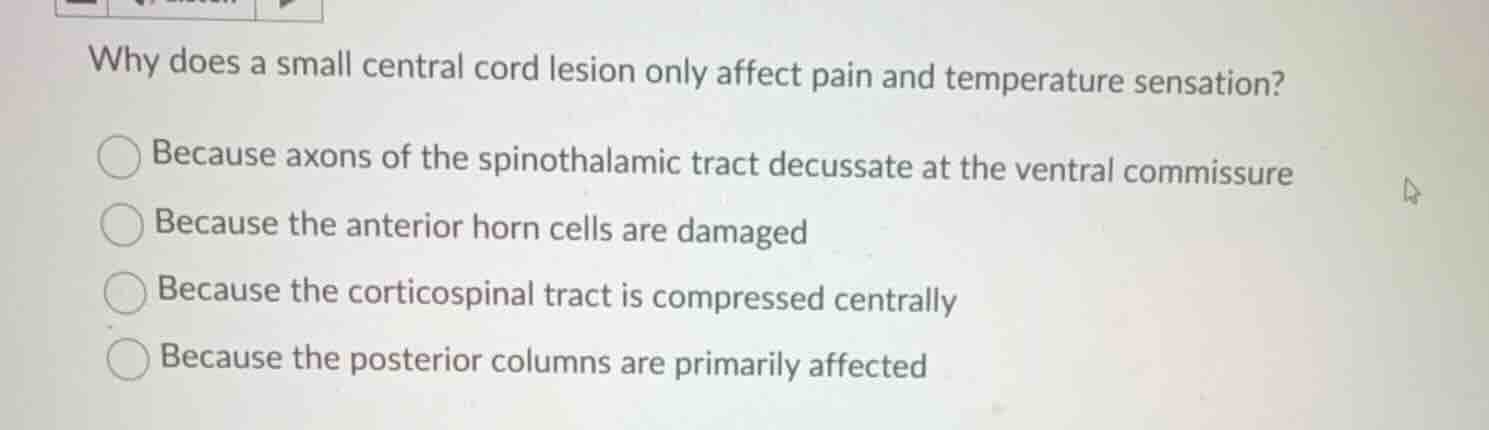 why does a small central cord lesion only affect pain and temperature s…