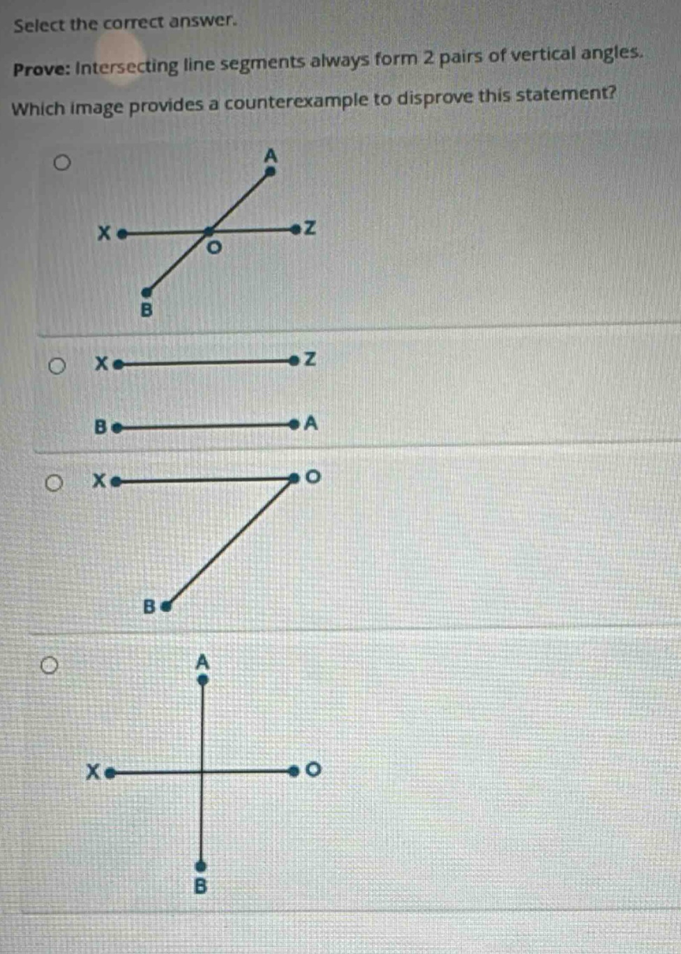 select the correct answer. prove: intersecting line segments always for…