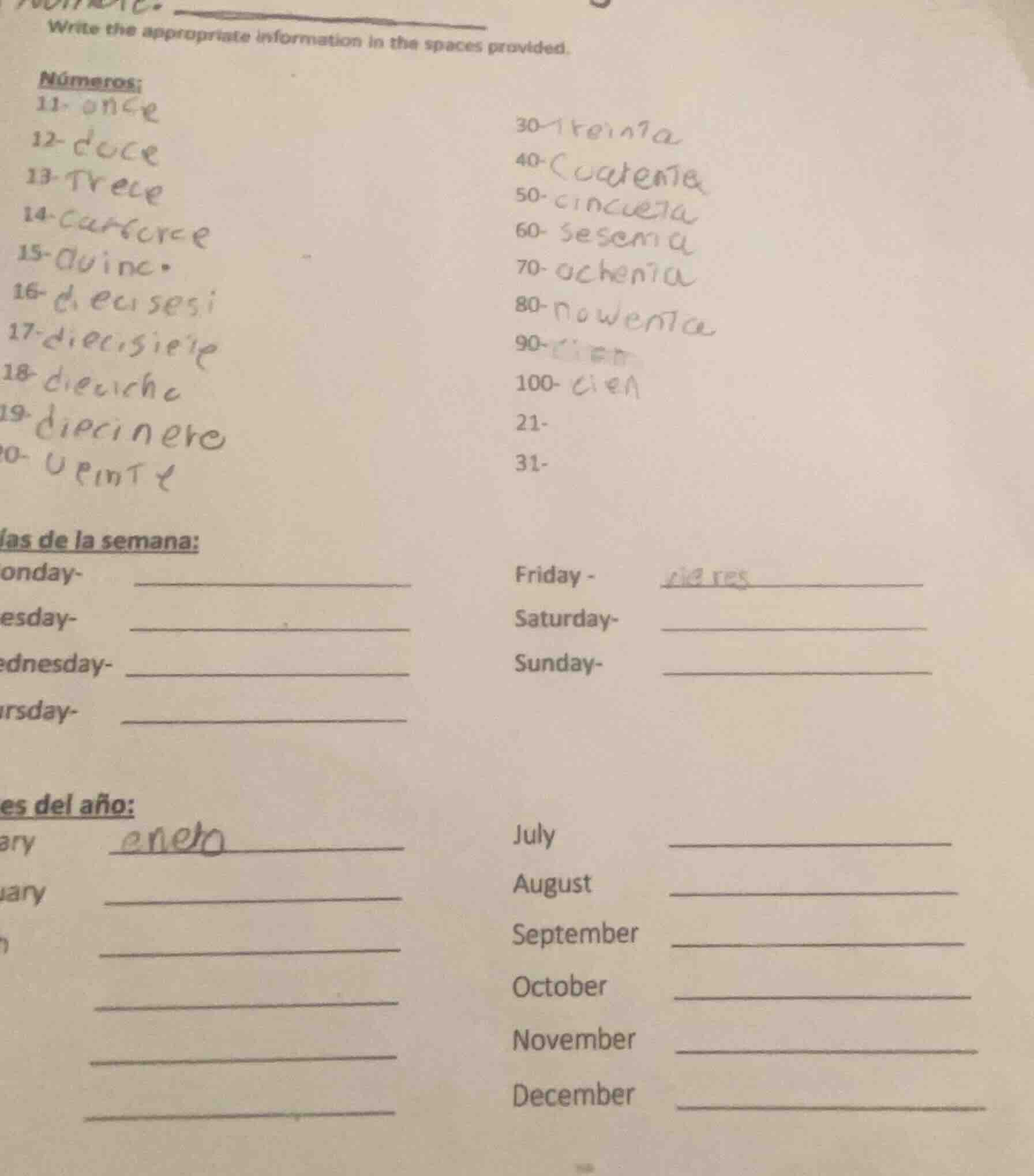 write the appropriate information in the spaces provided. números: 11- …