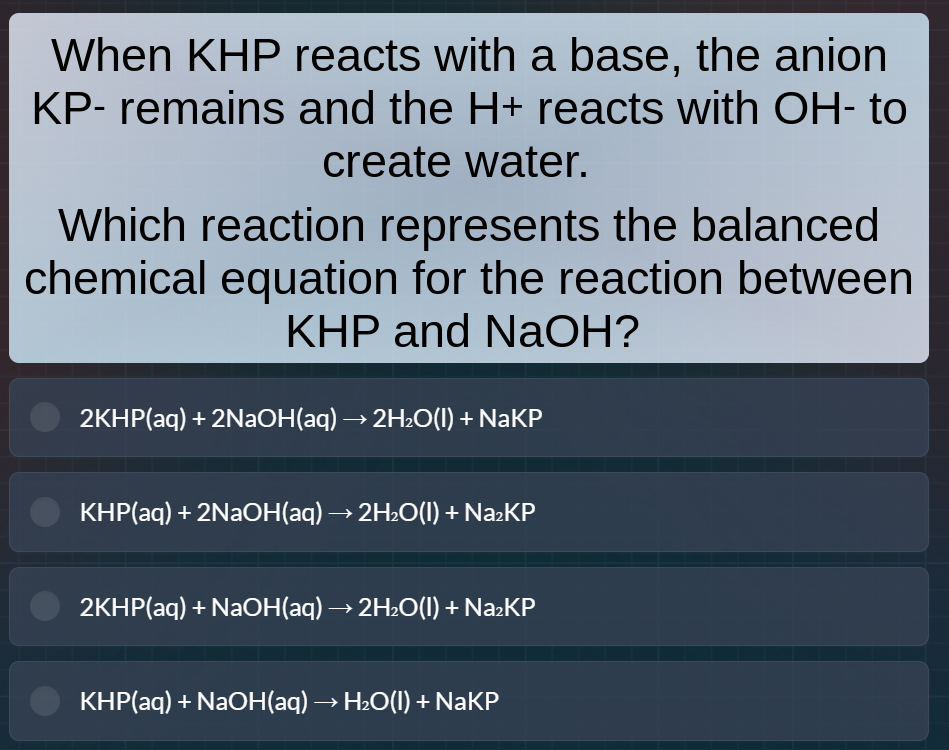 when khp reacts with a base, the anion kp- remains and the h+ reacts wi…
