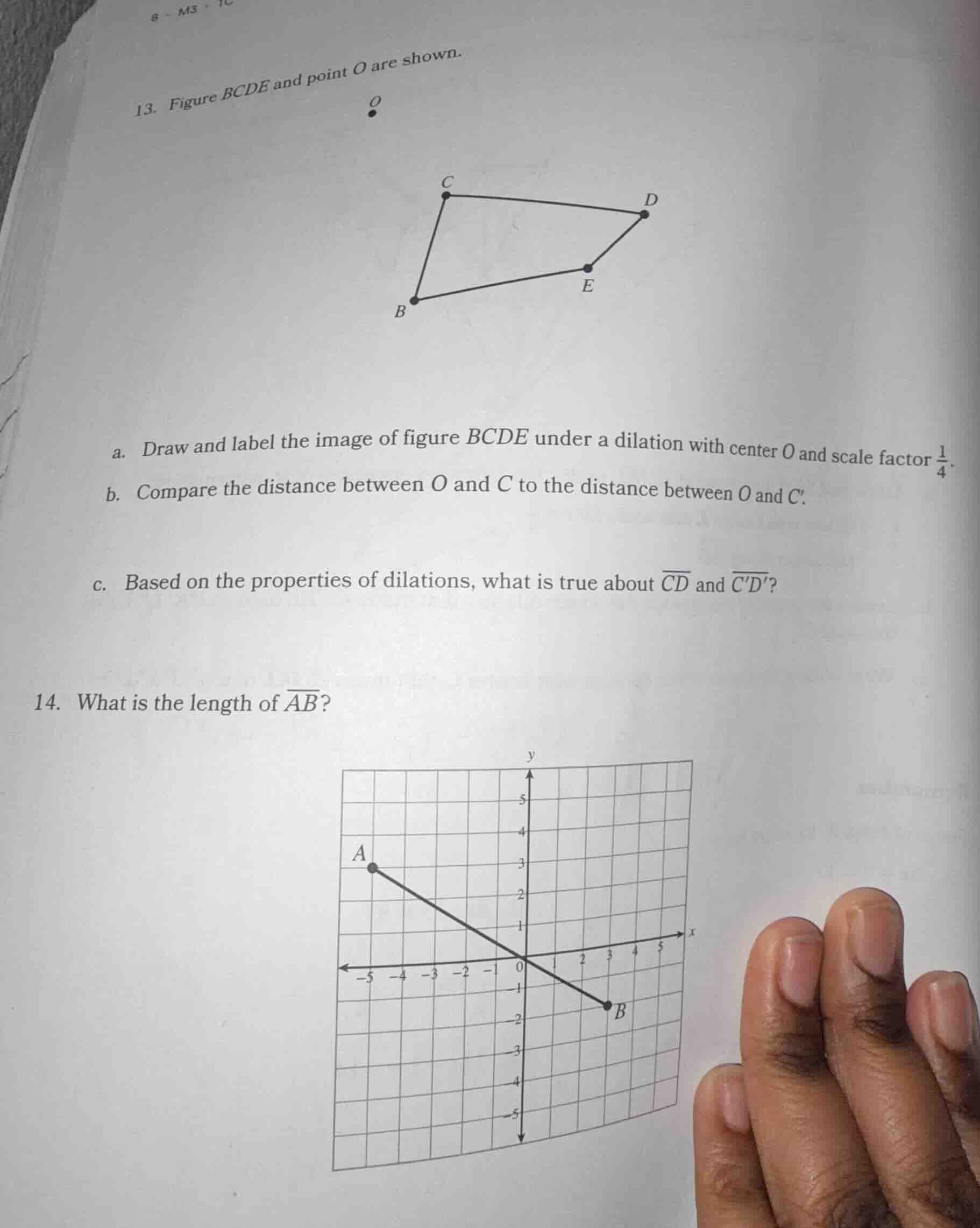 13. figure bcde and point o are shown. a. draw and label the image of f…