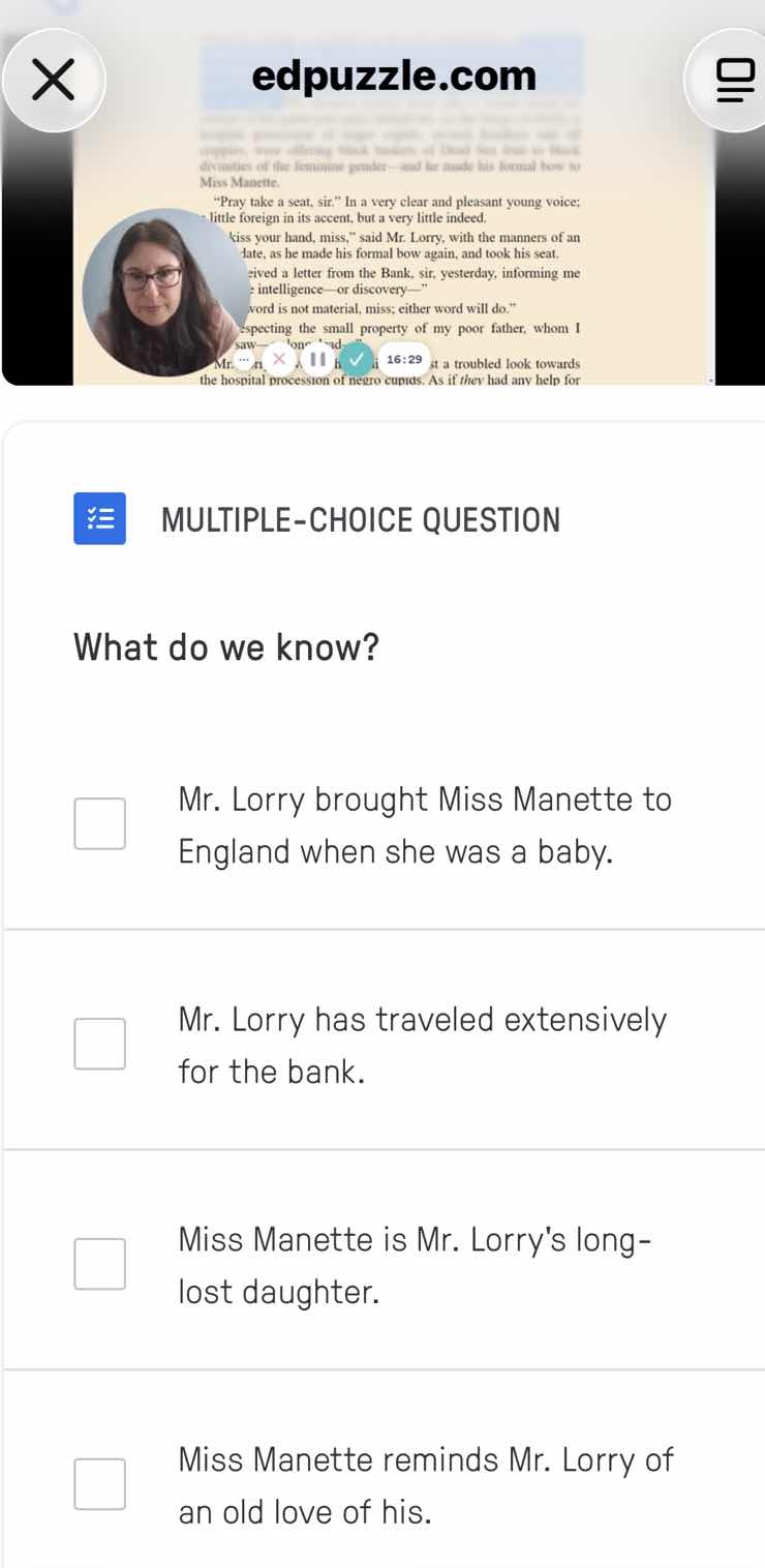 multiple-choice question what do we know? mr. lorry brought miss manett…