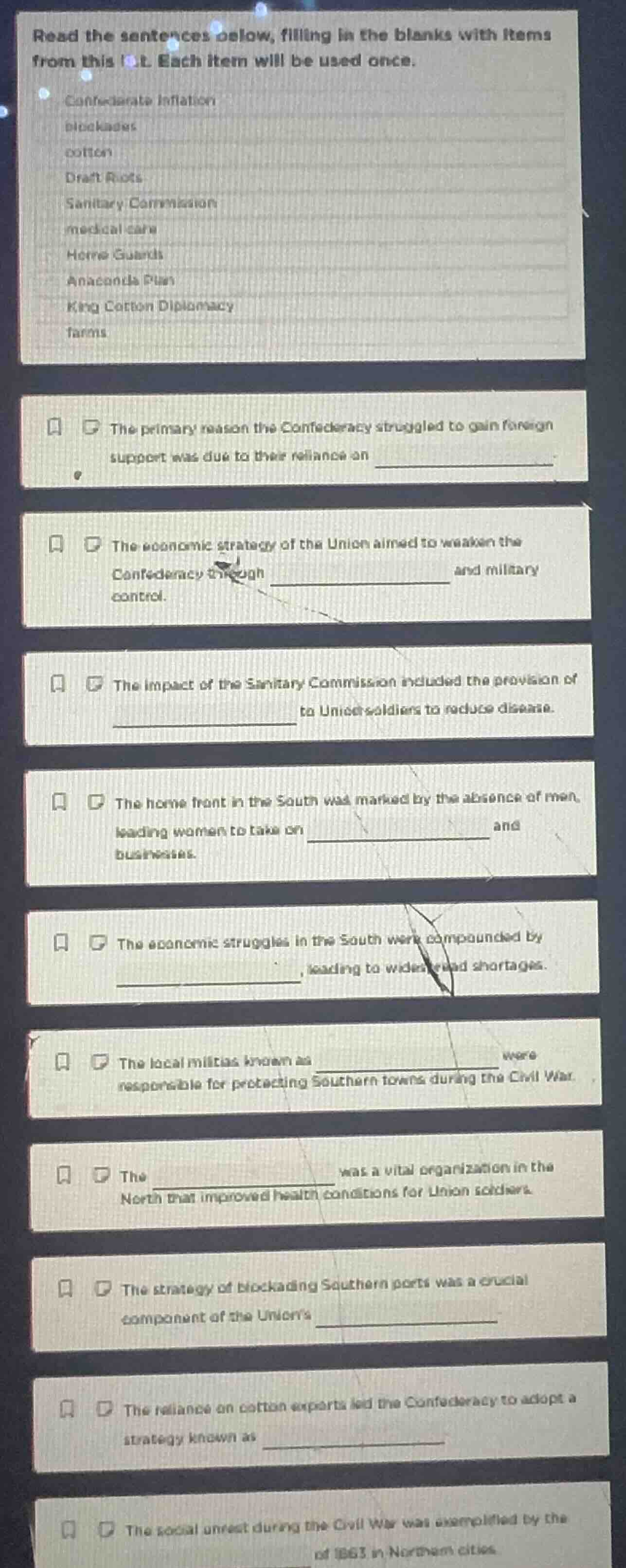 read the sentences below, filling in the blanks with items from this li…