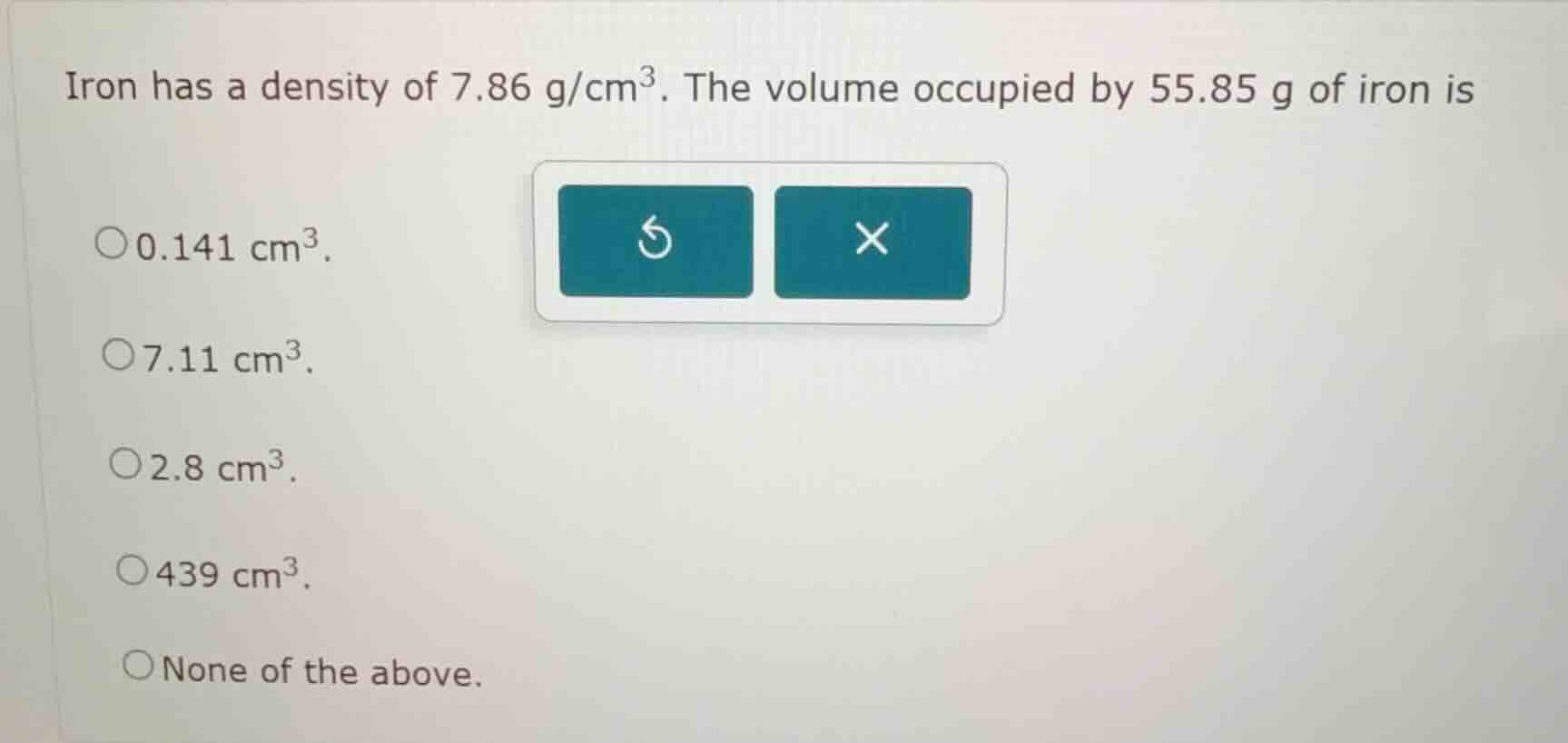 iron has a density of 7.86 g/cm³. the volume occupied by 55.85 g of iro…