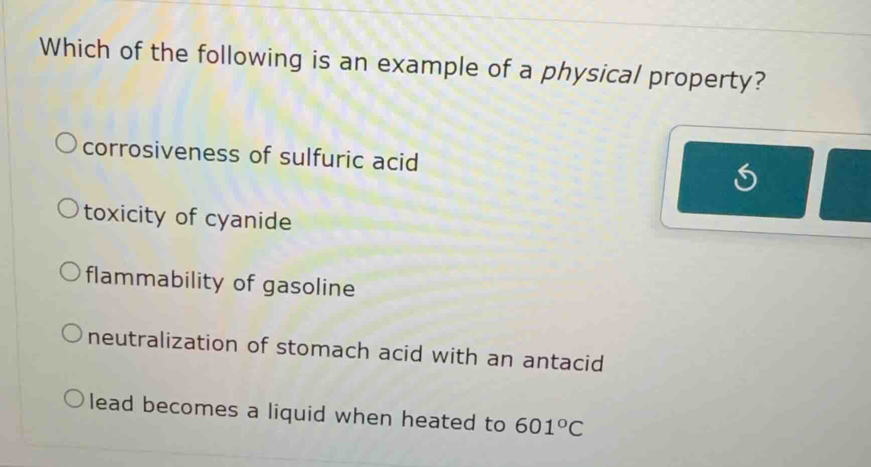 which of the following is an example of a physical property? corrosiven…