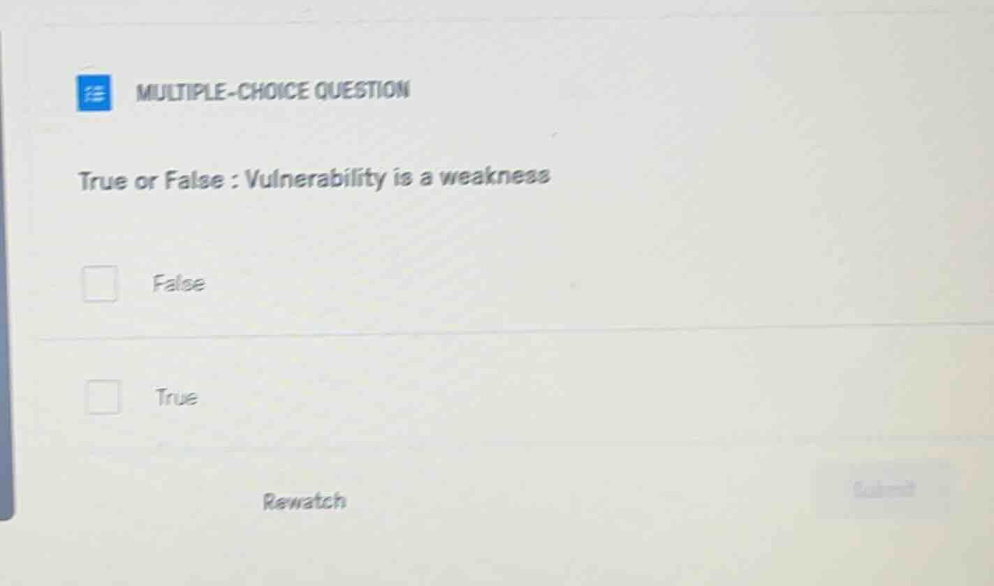 multiple-choice question true or false : vulnerability is a weakness fa…