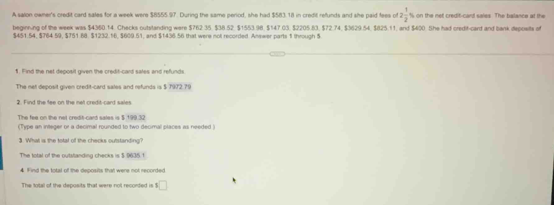 a salon owners credit card sales for a week were $8555.97. during the s…