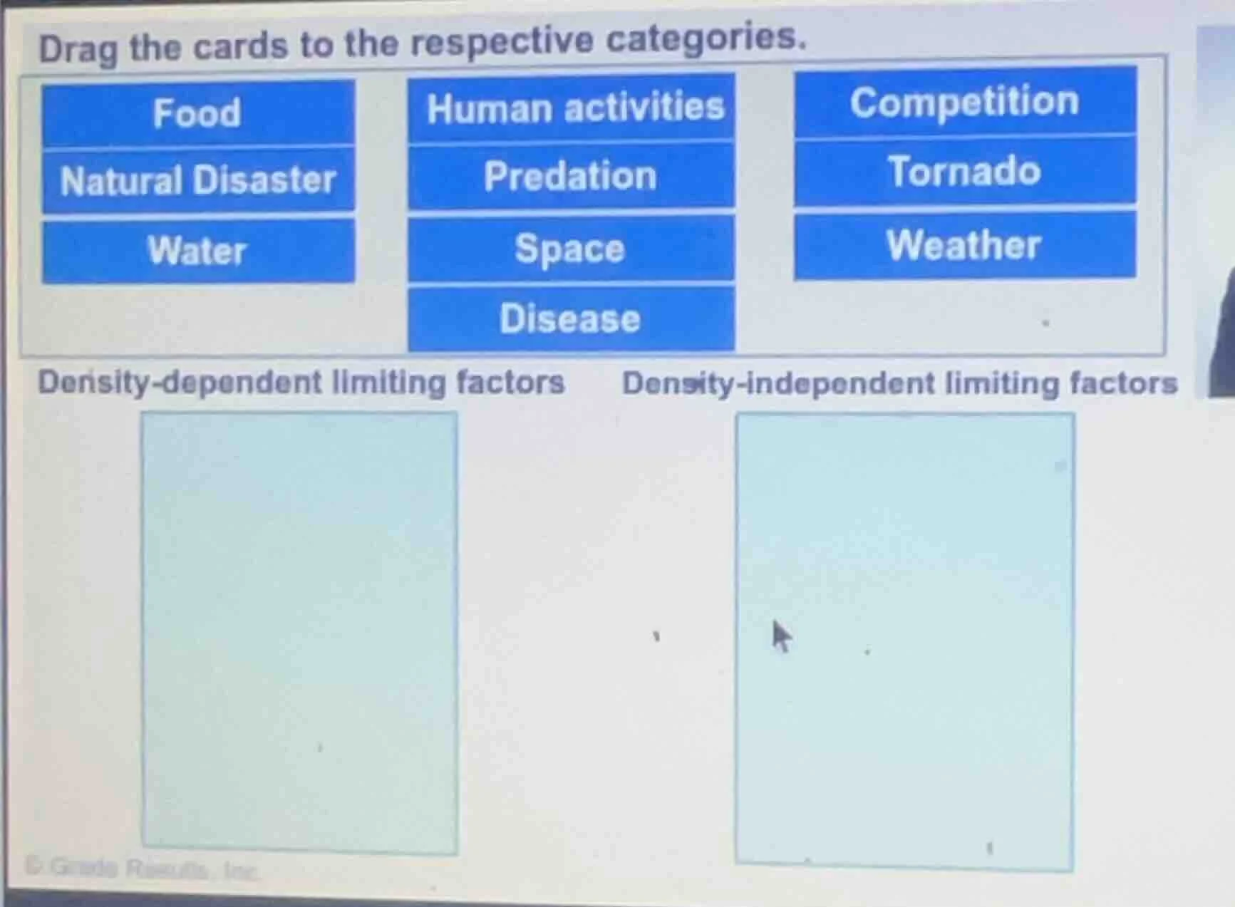 drag the cards to the respective categories. food human activities comp…