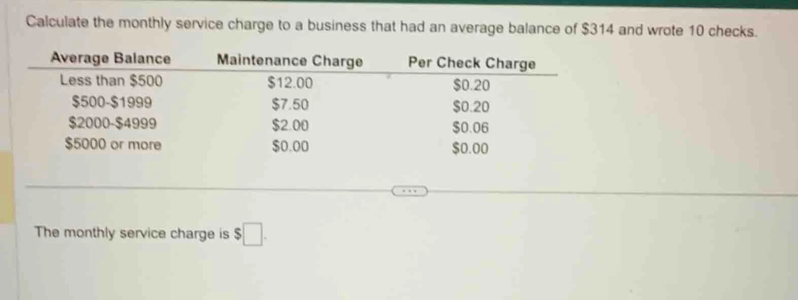 calculate the monthly service charge to a business that had an average …