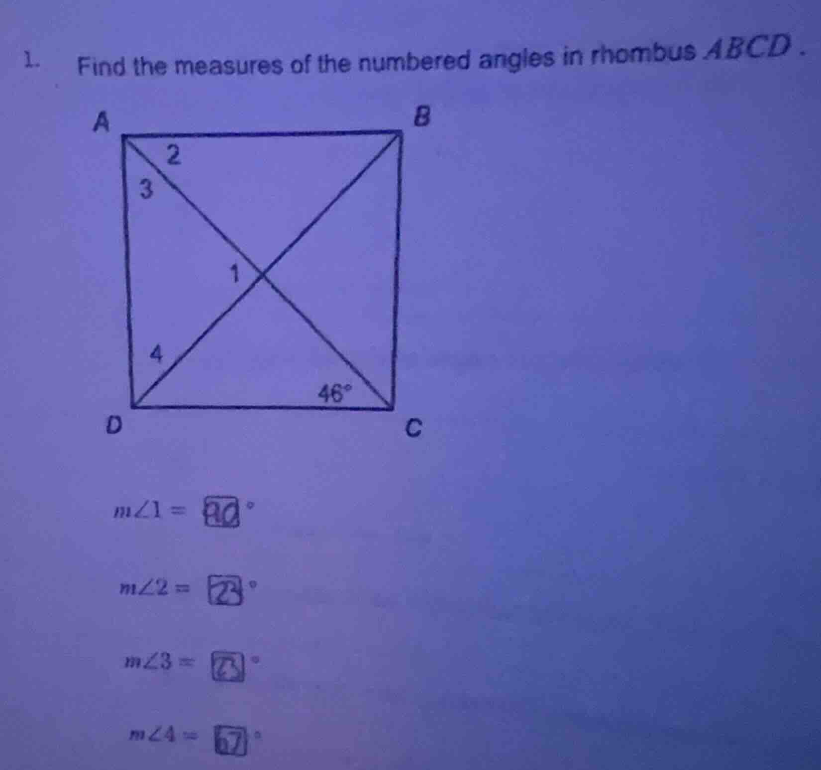 1. find the measures of the numbered angles in rhombus abcd. m∠1 = m∠2 …