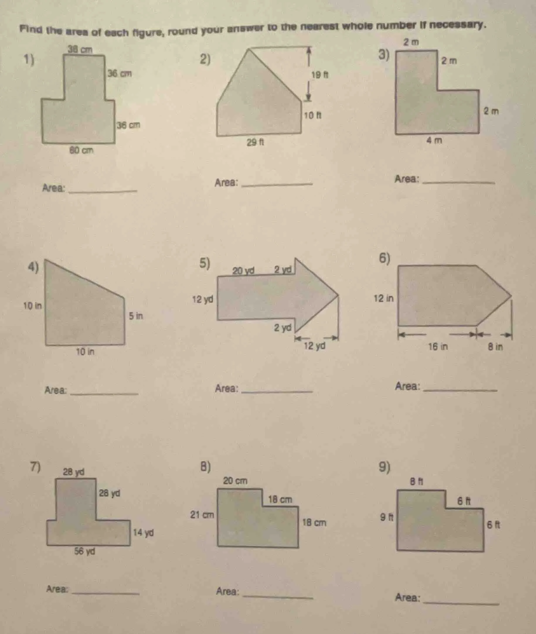 find the area of each figure, round your answer to the nearest whole nu…