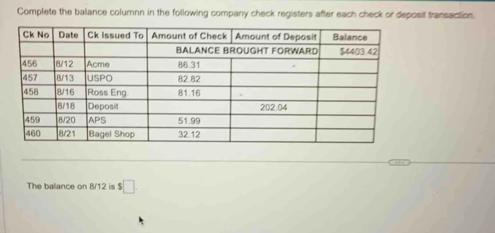 complete the balance columnn in the following company check registers a…