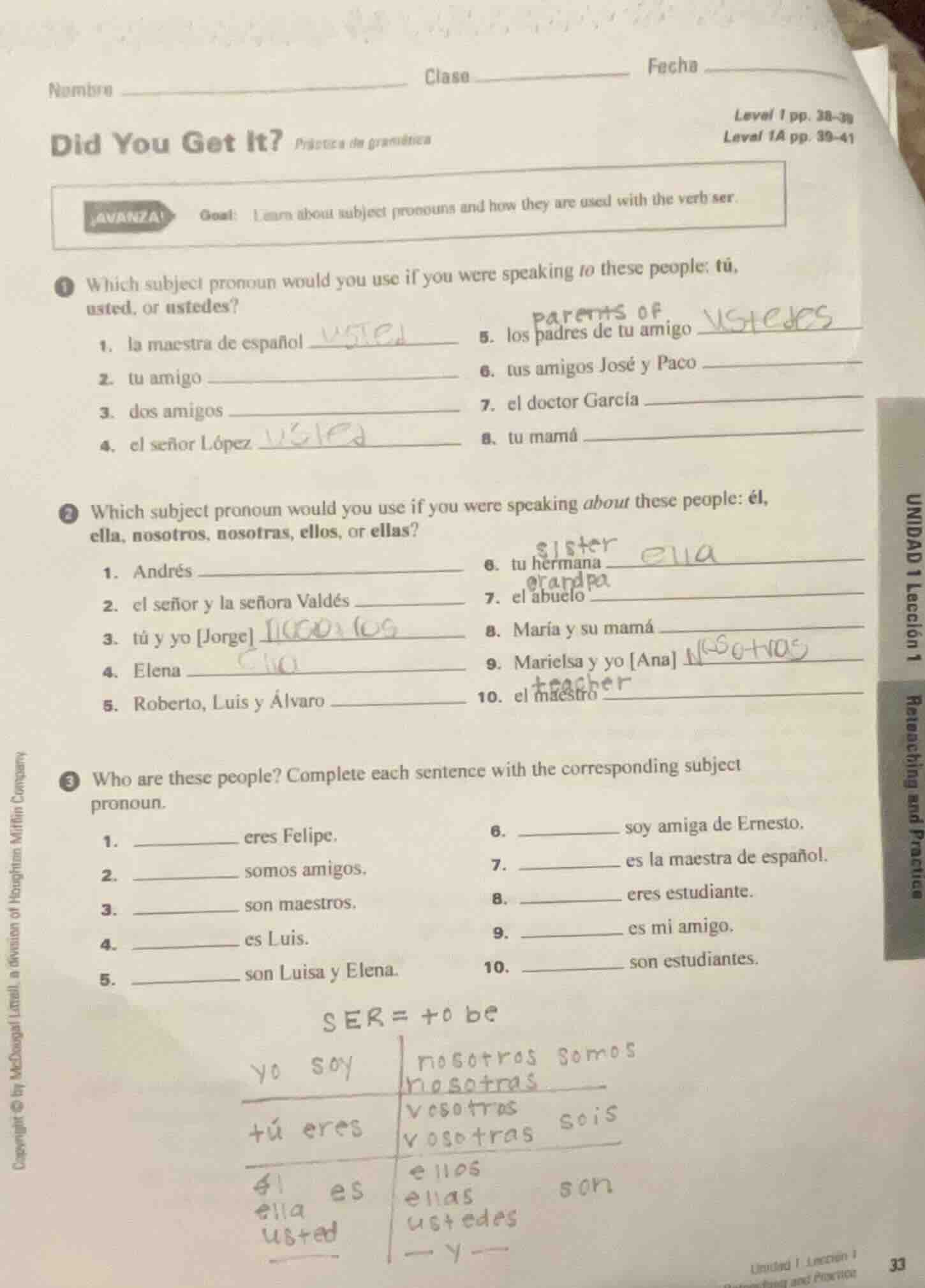 nombre clase fecha did you get it? práctica de gramática level 1 pp. 38…