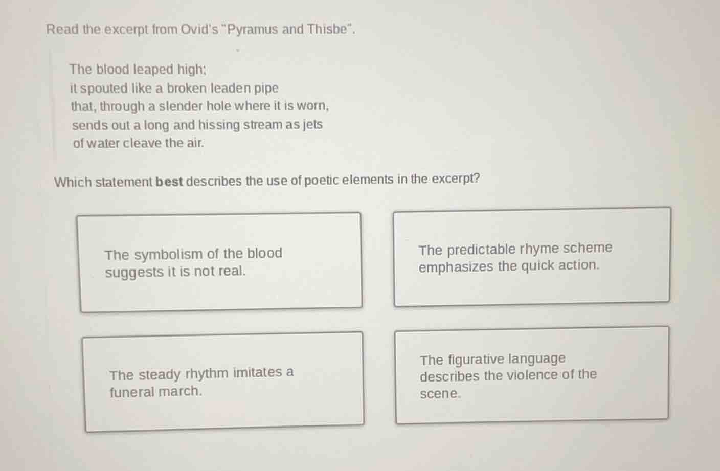 read the excerpt from ovids \pyramus and thisbe\. the blood leaped high…