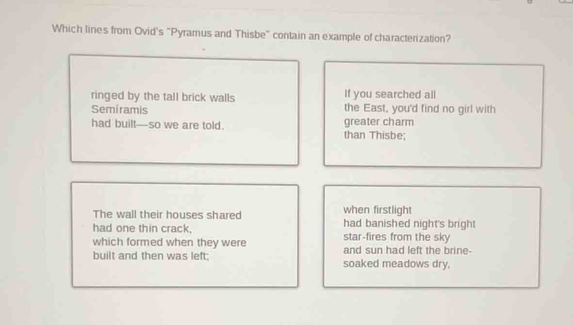 which lines from ovids \pyramus and thisbe\ contain an example of chara…