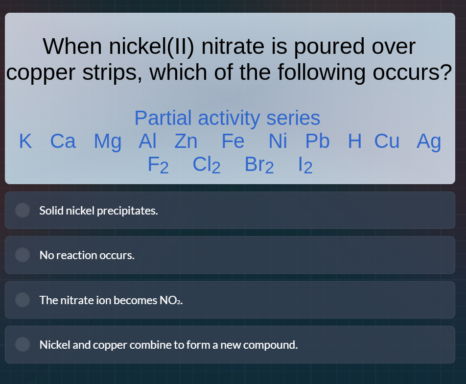 when nickel(ii) nitrate is poured over copper strips, which of the foll…