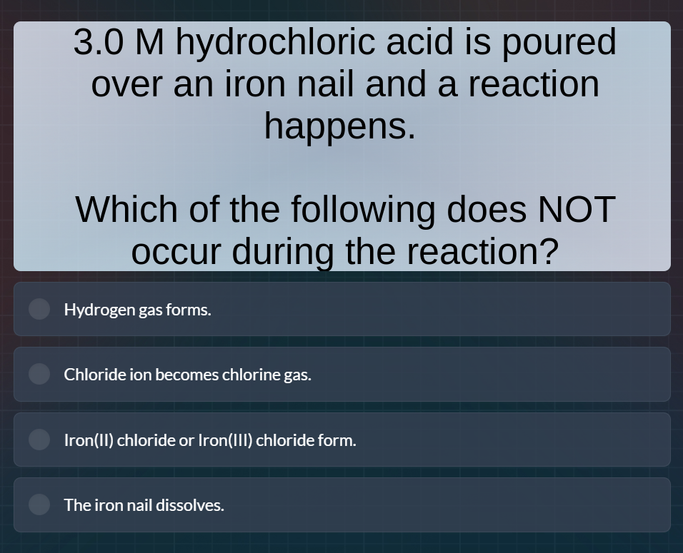 3.0 m hydrochloric acid is poured over an iron nail and a reaction happ…