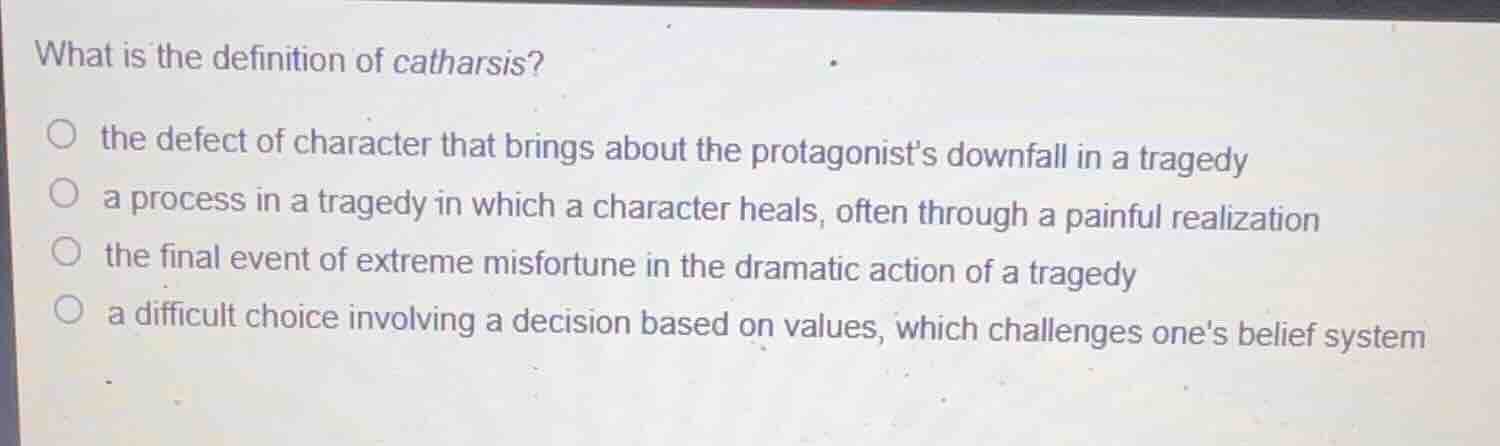 what is the definition of catharsis? the defect of character that bring…