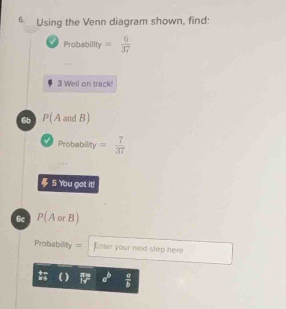 6. using the venn diagram shown, find: probability = \\(\\frac{6}{37}\\…
